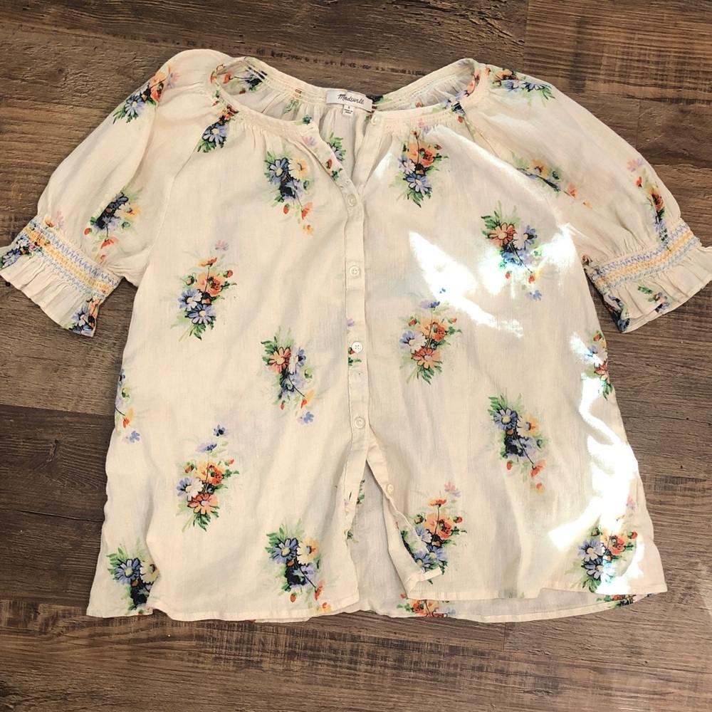 Madewell Cream Floral Button-Down Peasant Blouse